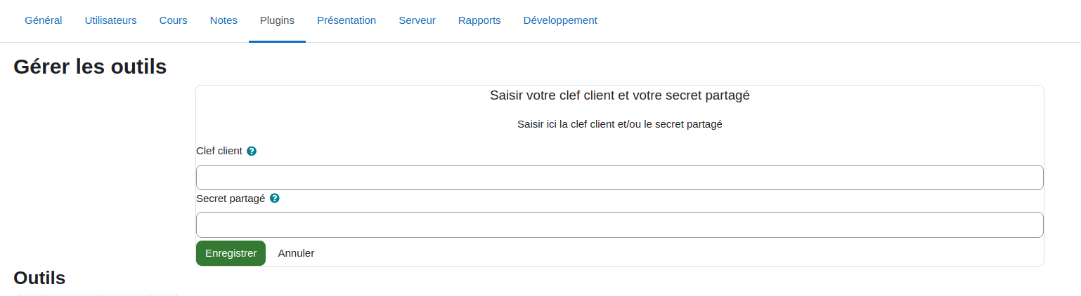 Formulaire dans lequel saisir la clef et le secret